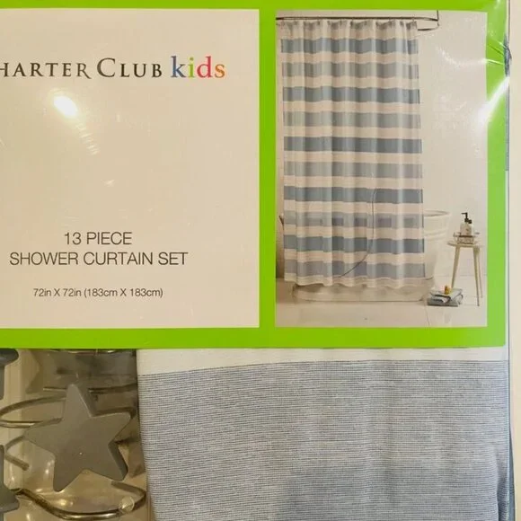 Charter Club Kids blue striped Shower Curtain W/Star shaped Hooks, 13 piece set - Picture 12 of 12